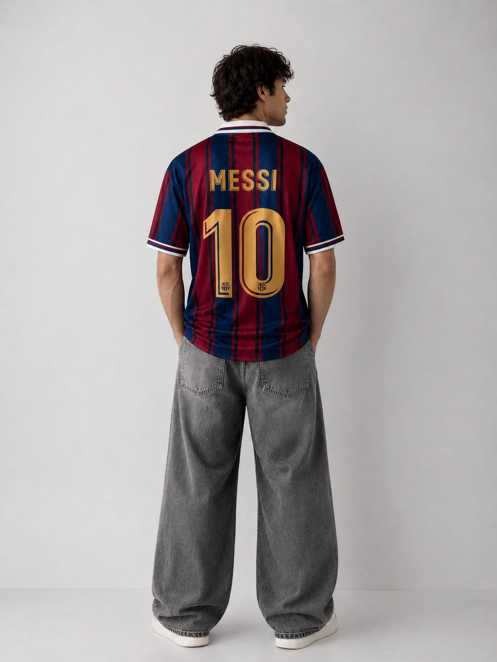 A man viewed from behind wearing a Barcelona-style striped soccer jersey with 'MESSI' and the number '10' in gold on the back, paired with loose gray jeans and white sneakers, against a light gray studio background.
