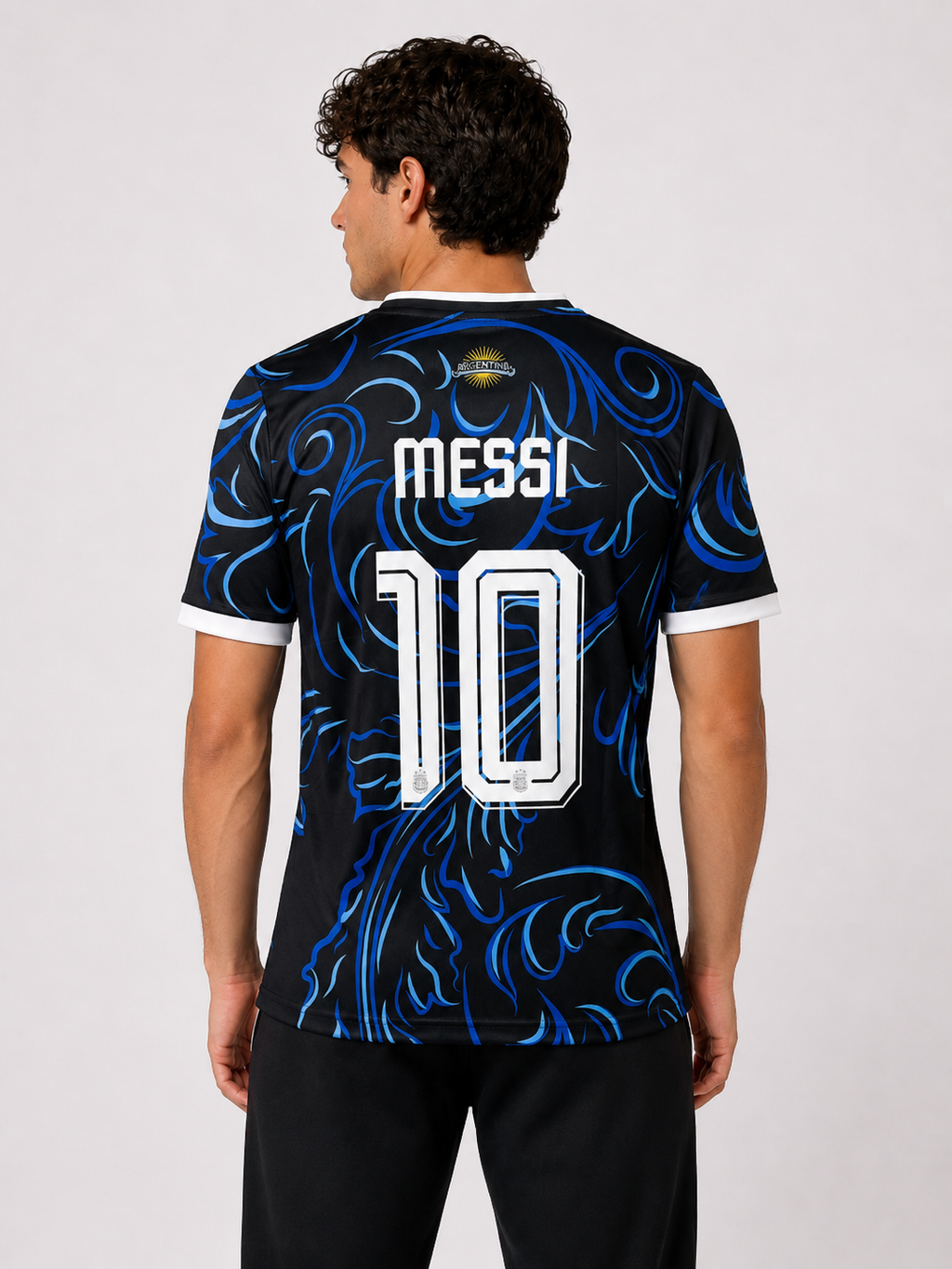 Person wearing a soccer jersey with 'Messi' and number '10' on the back against a white background