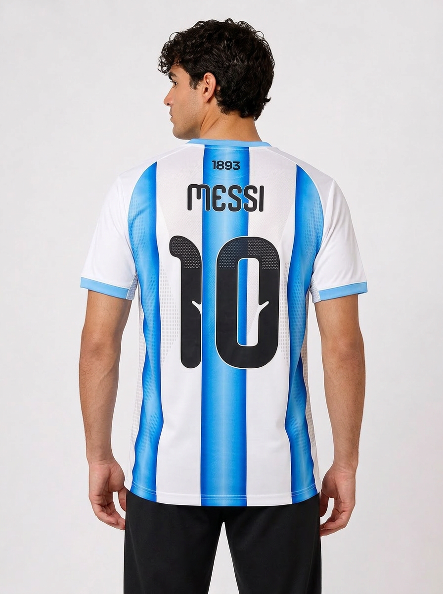 Person wearing a sports jersey with 'Messi' and number '10' on a white background